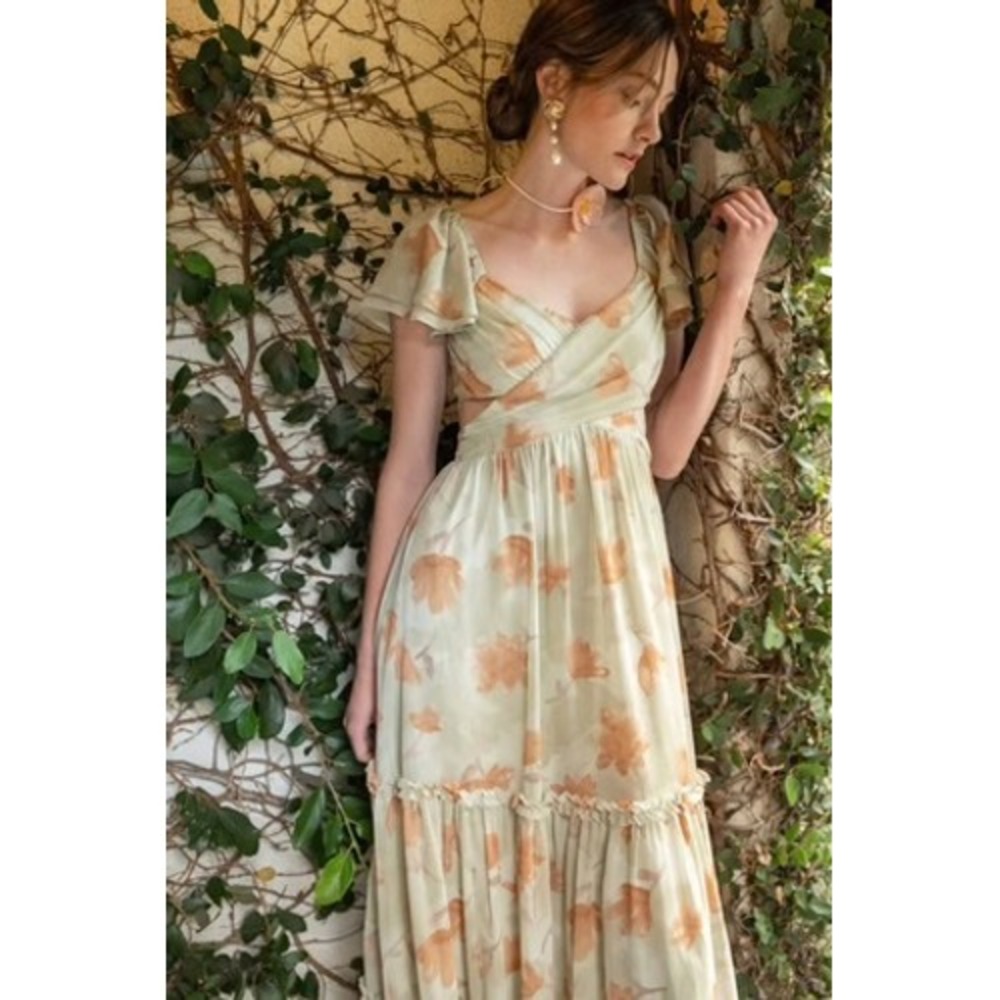 By The River Sage Dreams Waist Cutout Copper Floral Maxi Dress - S